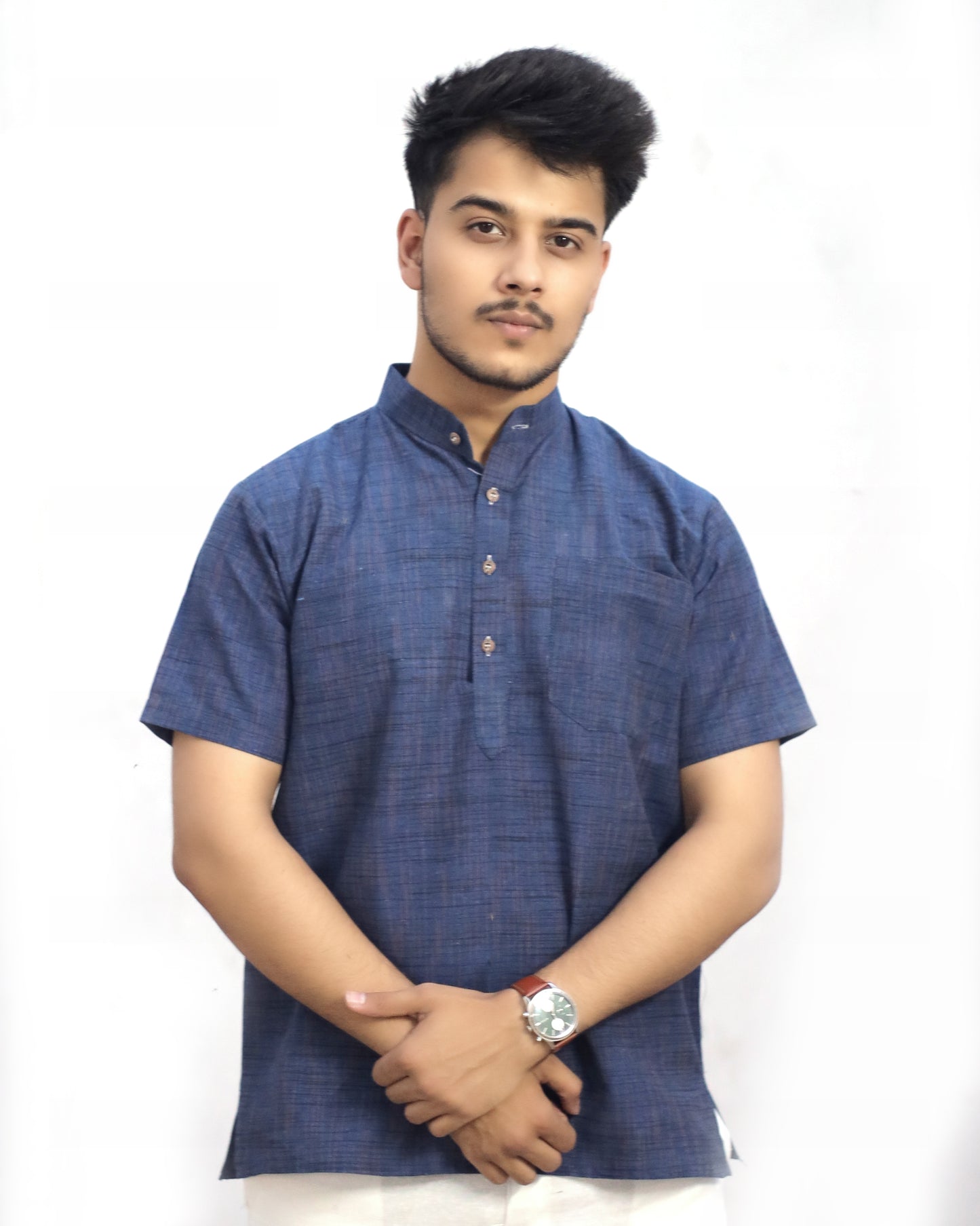 KHADI BLUE DARK JHARNA SHORT KURTA HALF SLEEVES