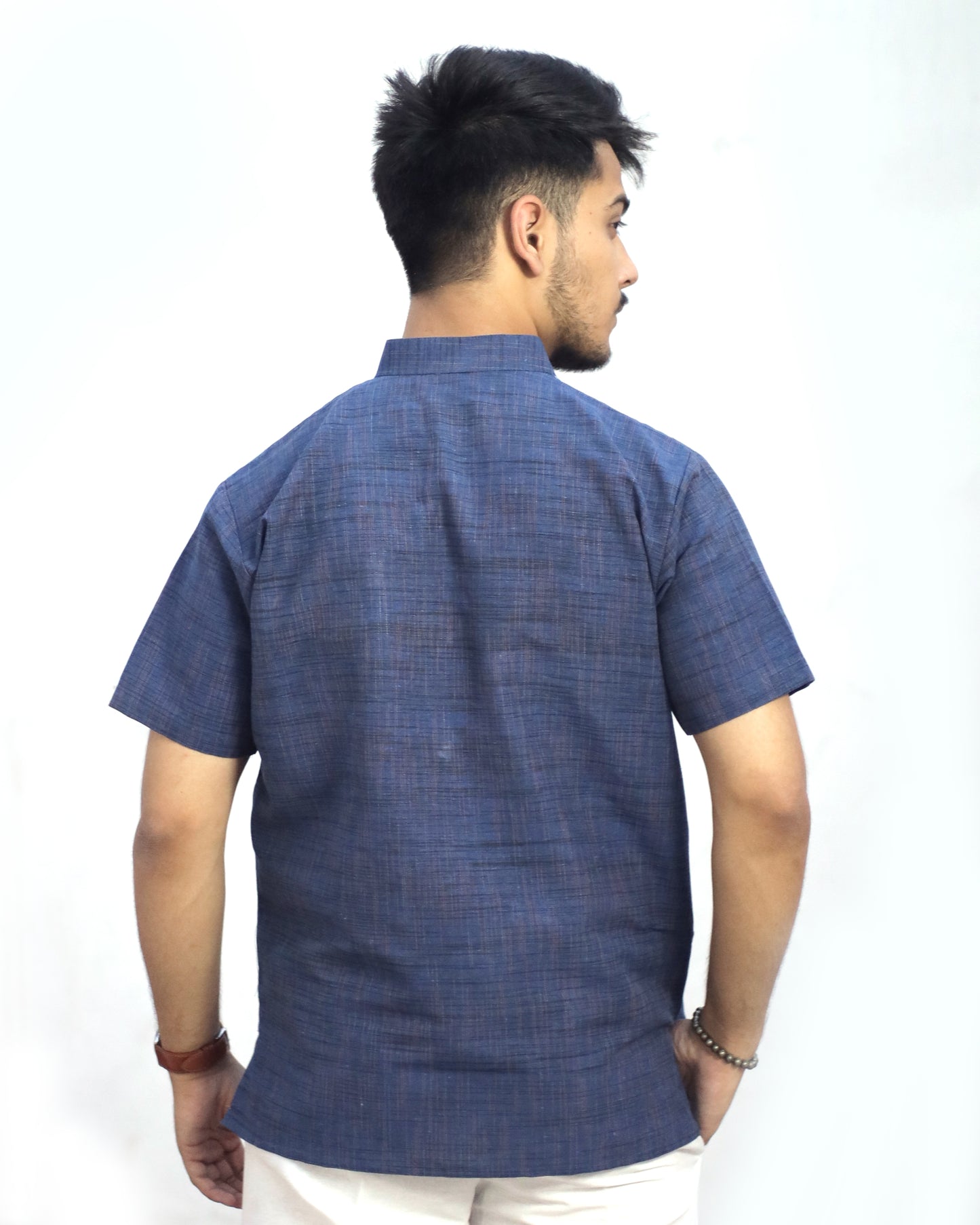 KHADI BLUE DARK JHARNA SHORT KURTA HALF SLEEVES