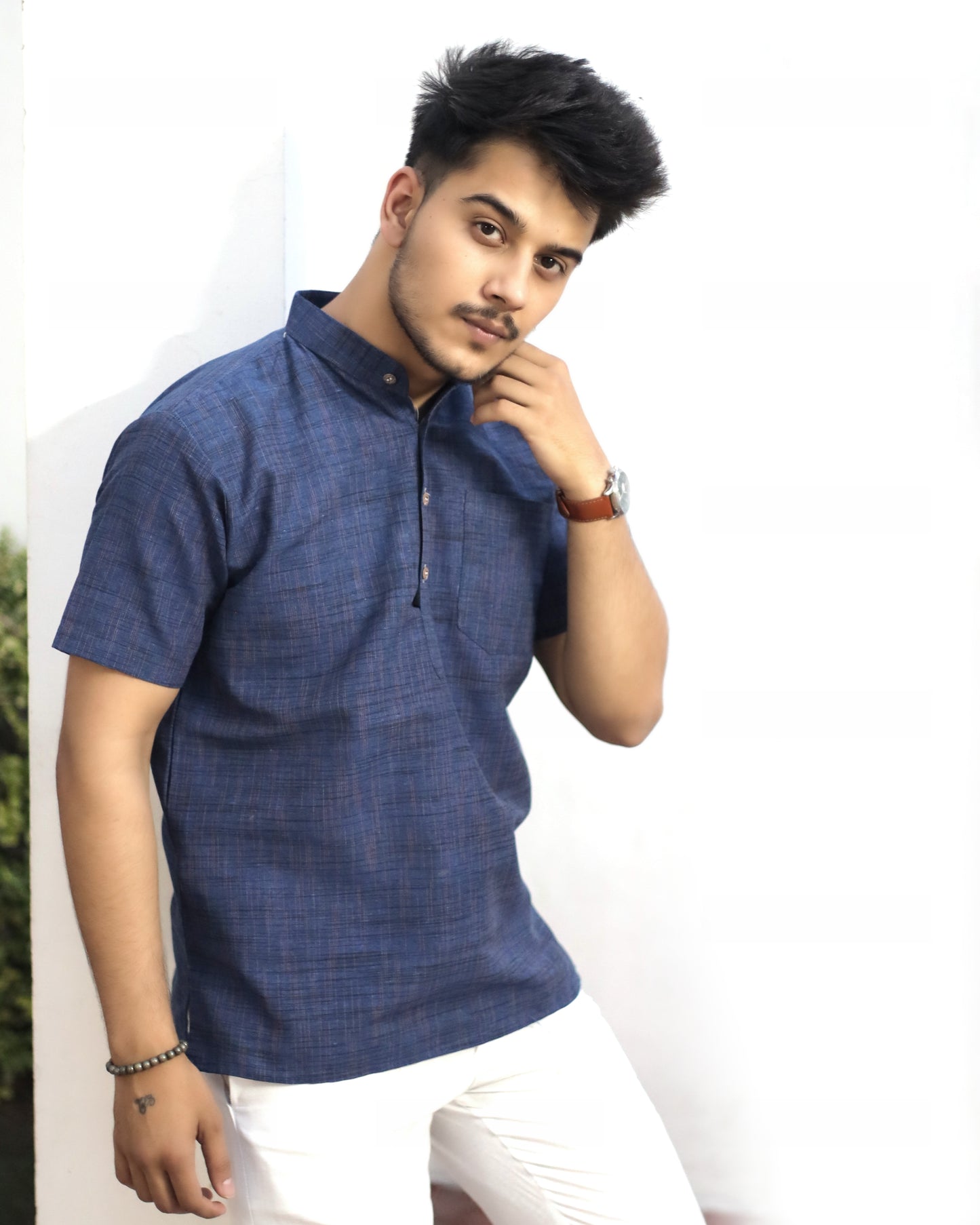 KHADI BLUE DARK JHARNA SHORT KURTA HALF SLEEVES