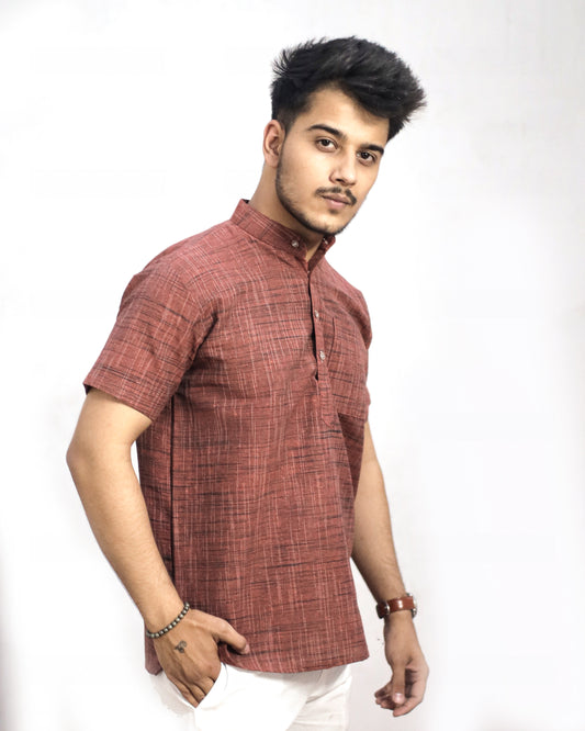 KHADI ORANGE DARK JHARNA SHORT KURTA HALF SLEEVES