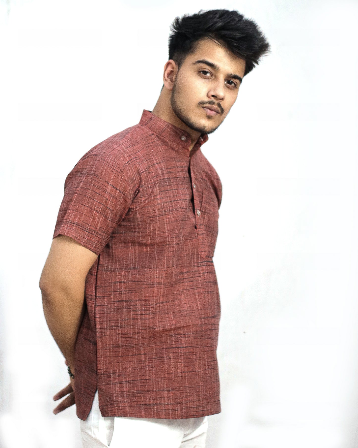 KHADI ORANGE DARK JHARNA SHORT KURTA HALF SLEEVES