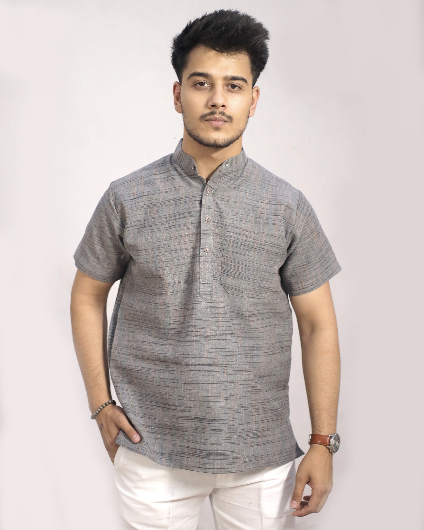 KHADI GREY DARK JHARNA SHORT KURTA HALF SLEEVES
