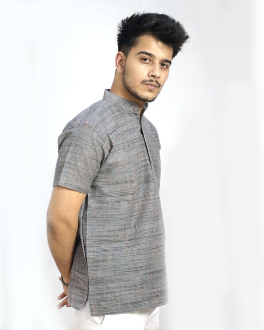 Dark Jharna Half Sleeves Short Kurta-Gray