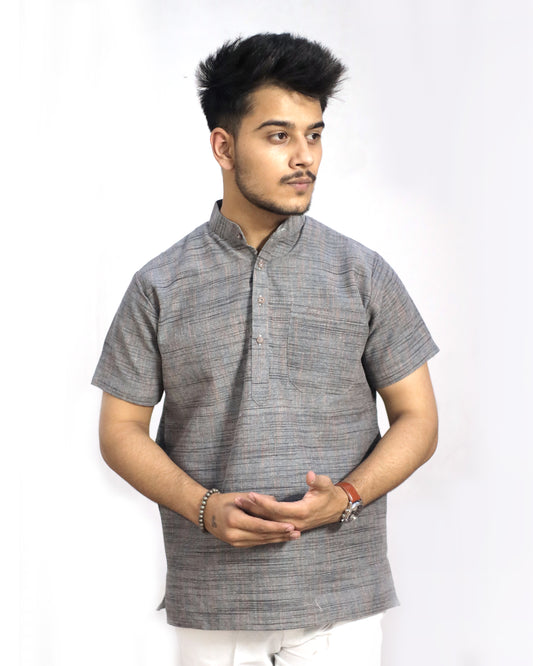 KHADI GREY DARK JHARNA SHORT KURTA HALF SLEEVES