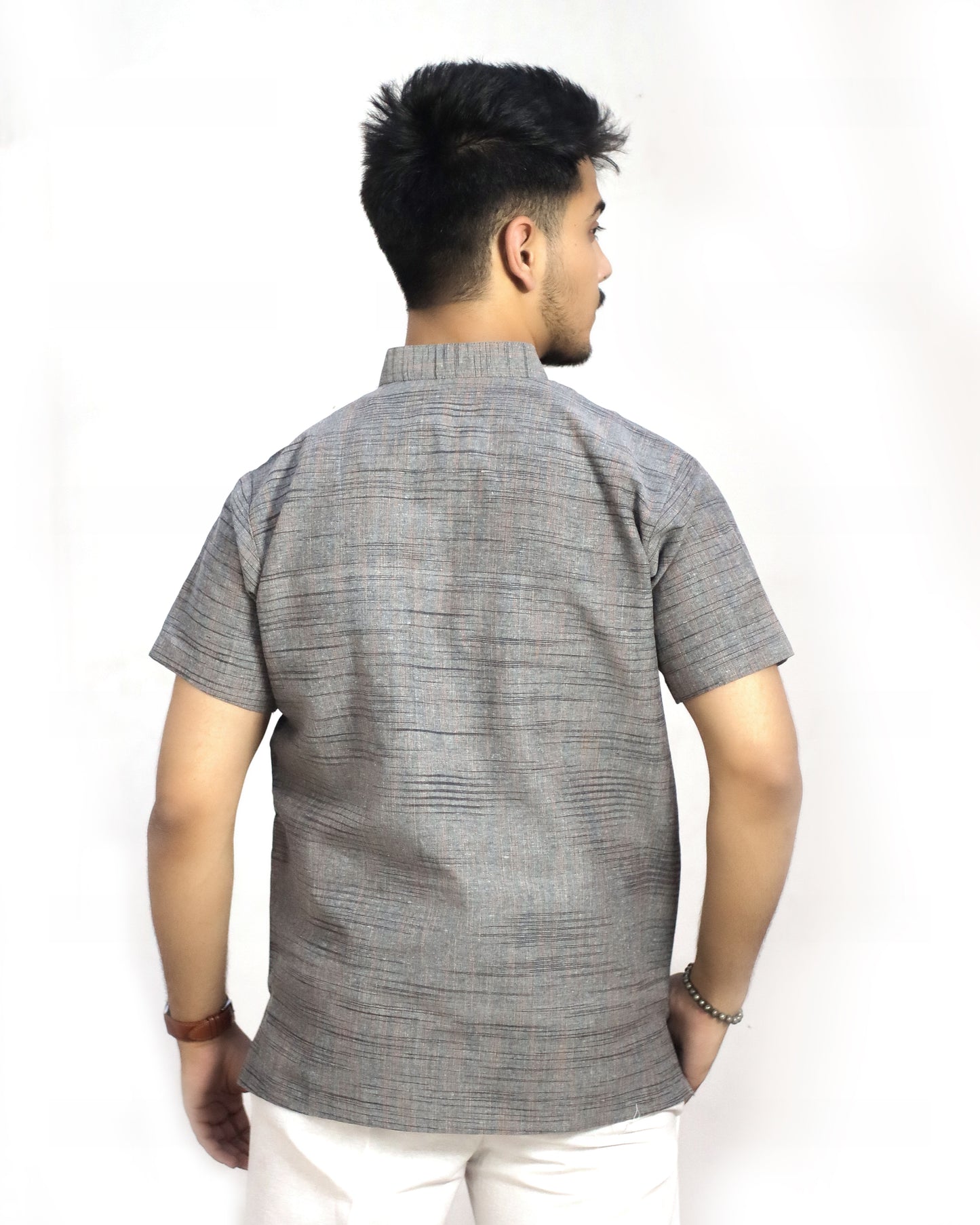 KHADI GREY DARK JHARNA SHORT KURTA HALF SLEEVES