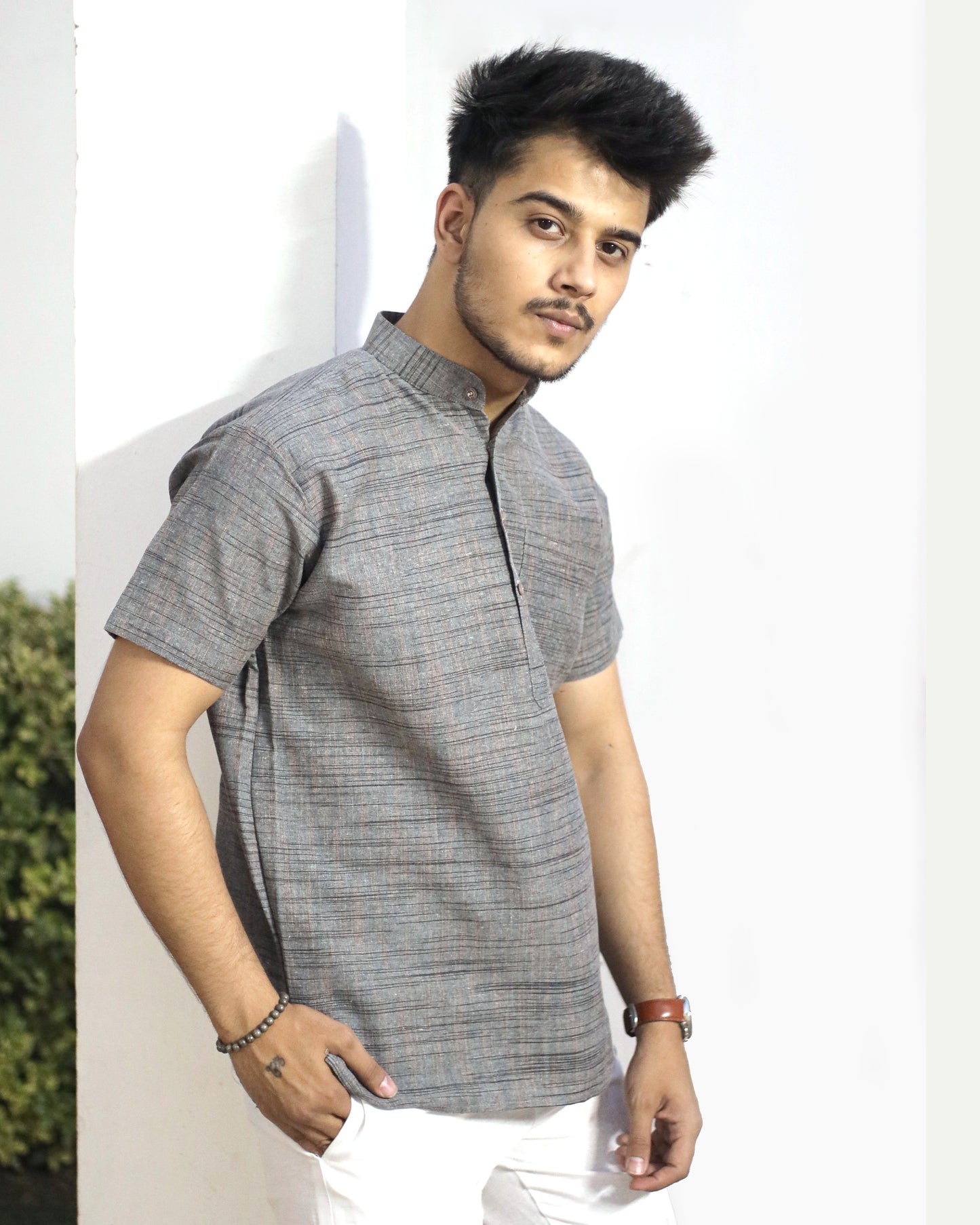 KHADI GREY DARK JHARNA SHORT KURTA HALF SLEEVES