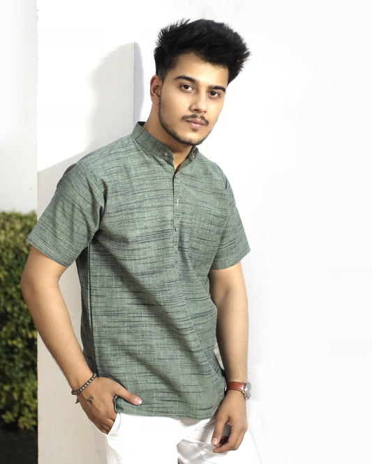 Dark Jharna Half Sleeves Short Kurta-Green