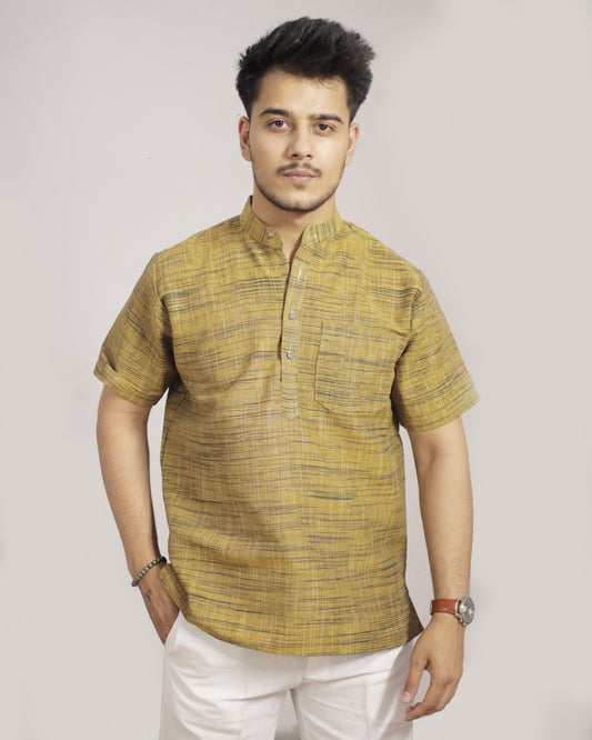 KHADI MUSTARD DARK JHARNA SHORT KURTA HALF SLEEVES