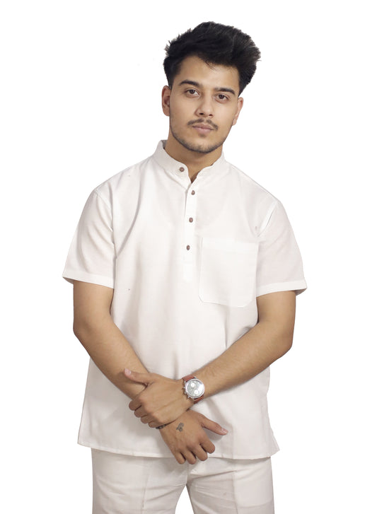 KHADI WHITE SHORT KURTA HALF SLEEVES
