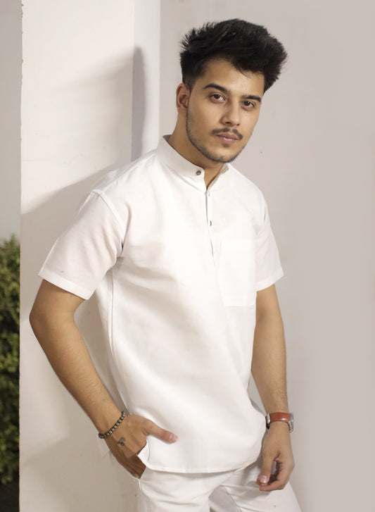Solid Half Sleeves Short Kurta-White