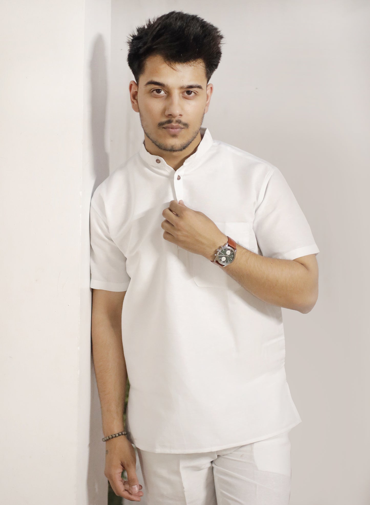 KHADI WHITE SHORT KURTA HALF SLEEVES