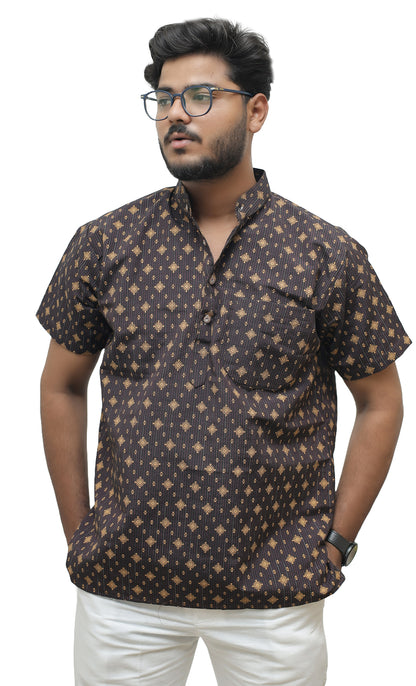 Khadi Printed Half Sleeves Short Kurta - Black
