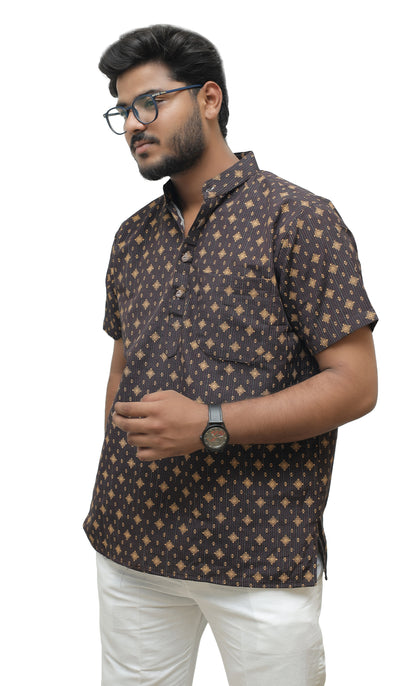 Khadi Printed Half Sleeves Short Kurta - Black