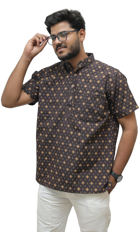 Khadi Printed Half Sleeves Short Kurta - Black