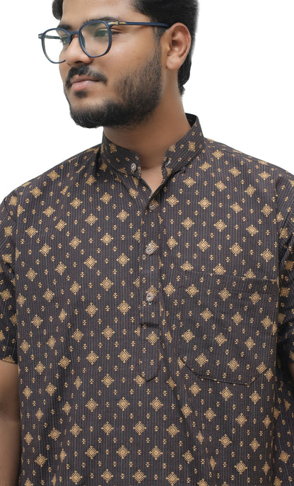 Khadi Printed Half Sleeves Short Kurta - Black