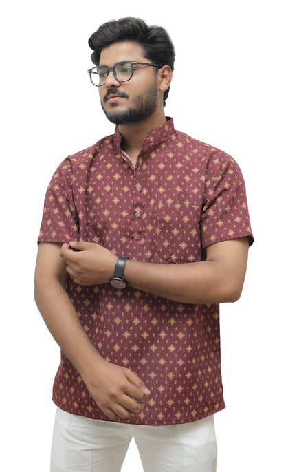 Khadi Printed Half Sleeves Short Kurta - Maroon