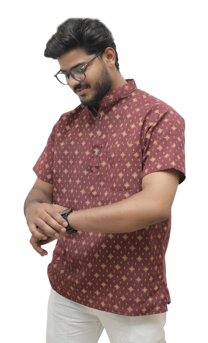 Khadi Printed Half Sleeves Short Kurta - Maroon
