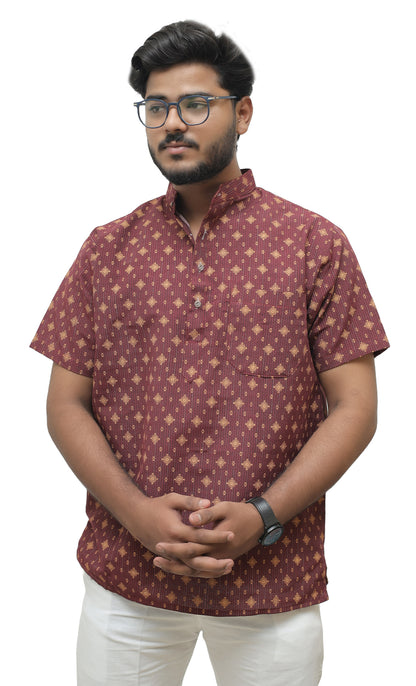 Khadi Printed Half Sleeves Short Kurta - Maroon