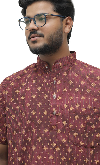 Khadi Printed Half Sleeves Short Kurta - Maroon