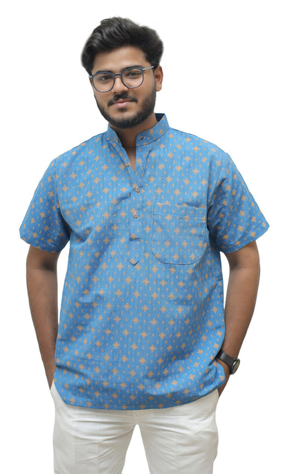 Khadi Printed Half Sleeves Short Kurta - Blue