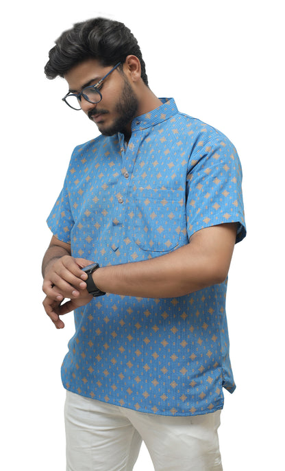 Khadi Printed Half Sleeves Short Kurta - Blue