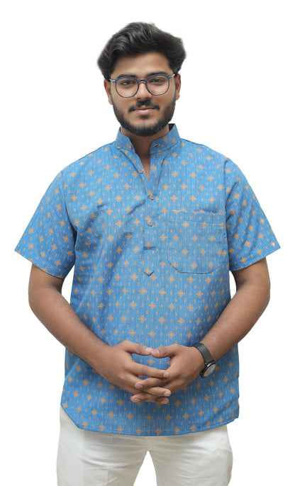Khadi Printed Half Sleeves Short Kurta - Blue