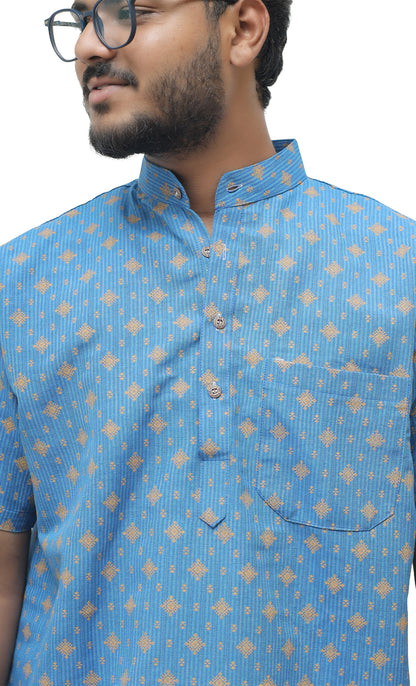 Khadi Printed Half Sleeves Short Kurta - Blue