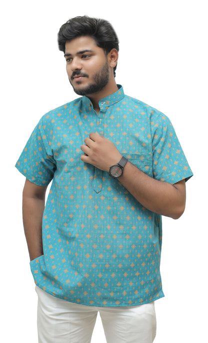 Khadi Printed Half Sleeves Short Kurta - Mint Green