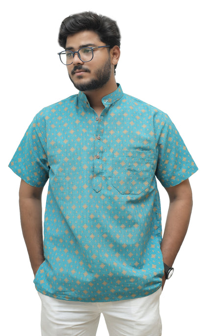 Khadi Printed Half Sleeves Short Kurta - Mint Green