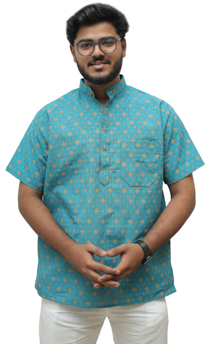 Khadi Printed Half Sleeves Short Kurta - Mint Green