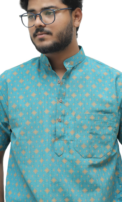 Khadi Printed Half Sleeves Short Kurta - Mint Green