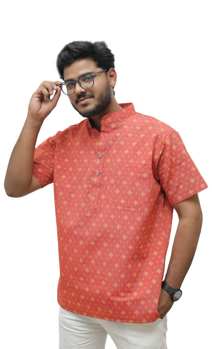 Khadi Printed Half Sleeves Short Kurta - Red