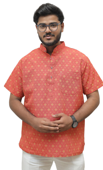 Khadi Printed Half Sleeves Short Kurta - Red