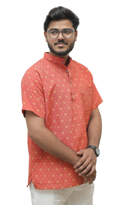 Khadi Printed Half Sleeves Short Kurta - Red