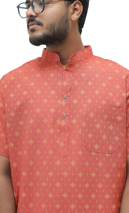 Khadi Printed Half Sleeves Short Kurta - Red