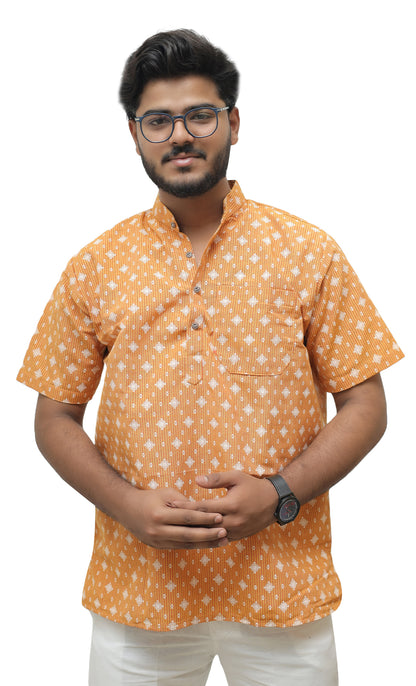 Khadi Printed Half Sleeves Short Kurta - Yellow