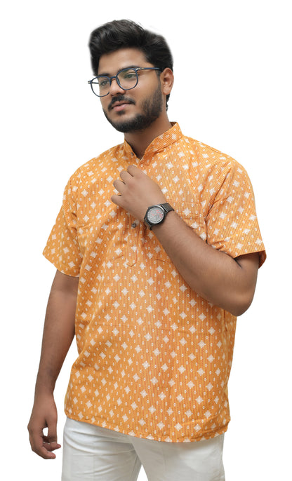 Khadi Printed Half Sleeves Short Kurta - Yellow