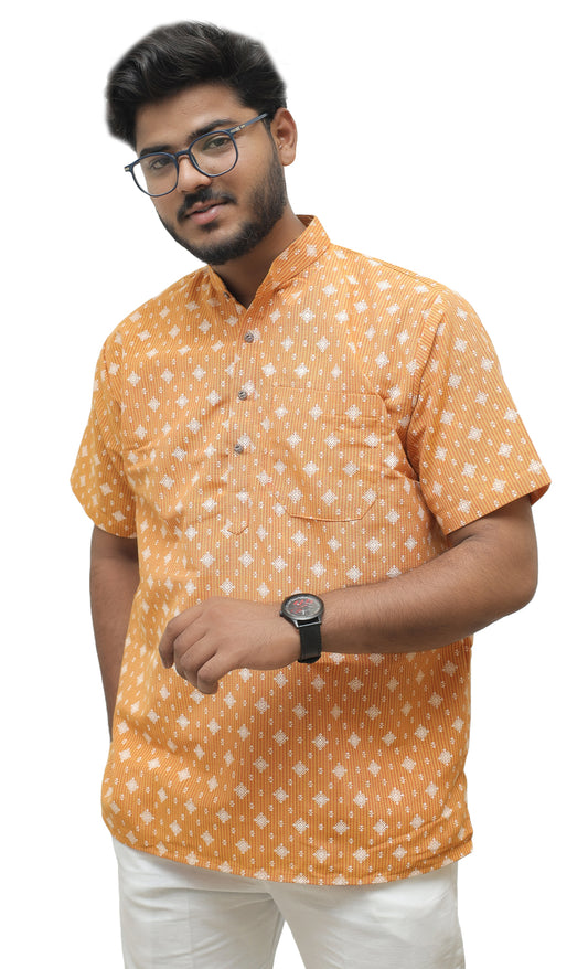 Khadi Printed Half Sleeves Short Kurta - Yellow