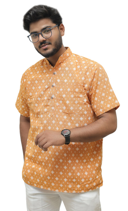 Khadi Printed Half Sleeves Short Kurta - Yellow