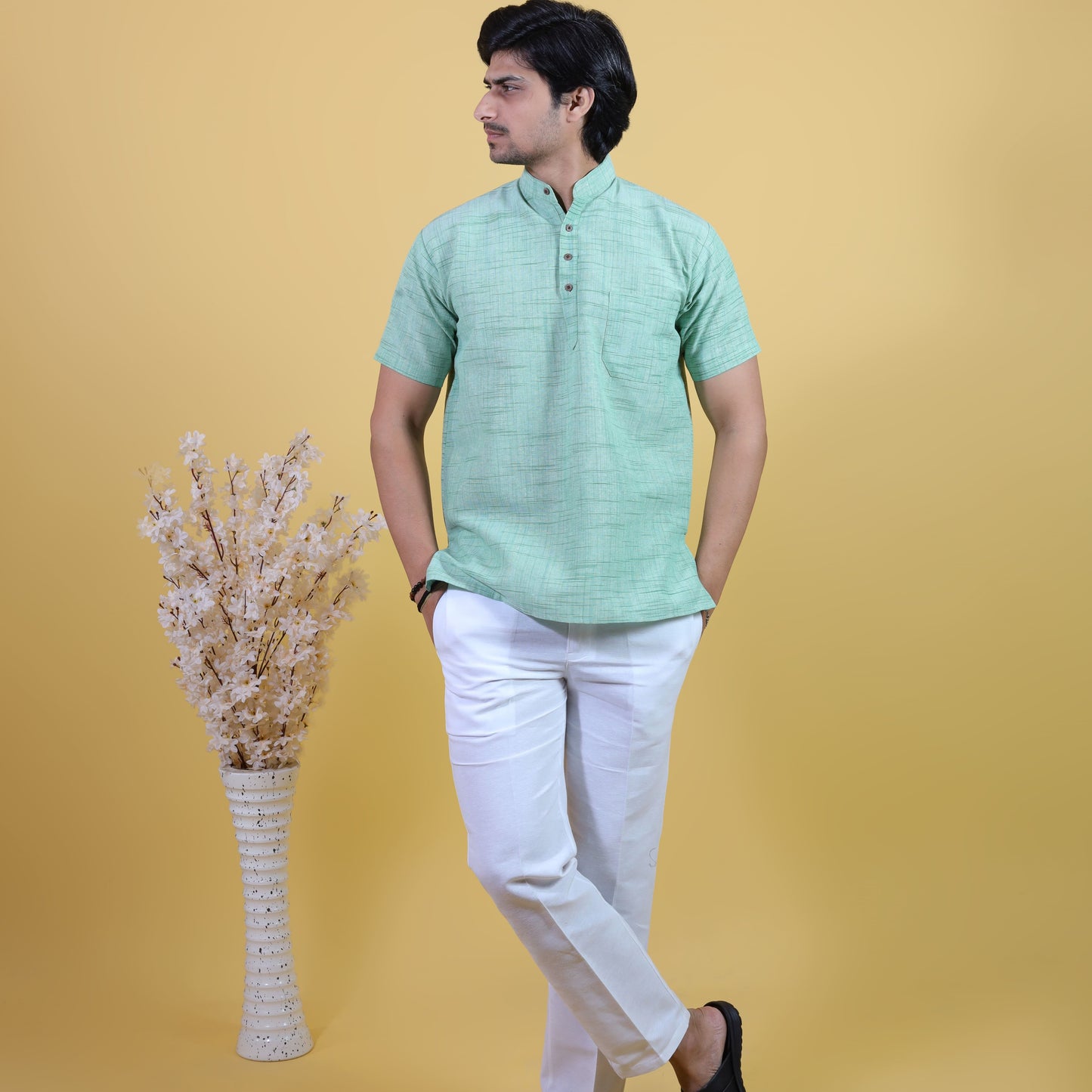 Combo Set Jharna Half Sleeves Short Kurta Pant-Green