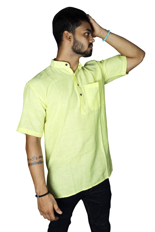 Solid Half Sleeves Short Kurta-Lemon