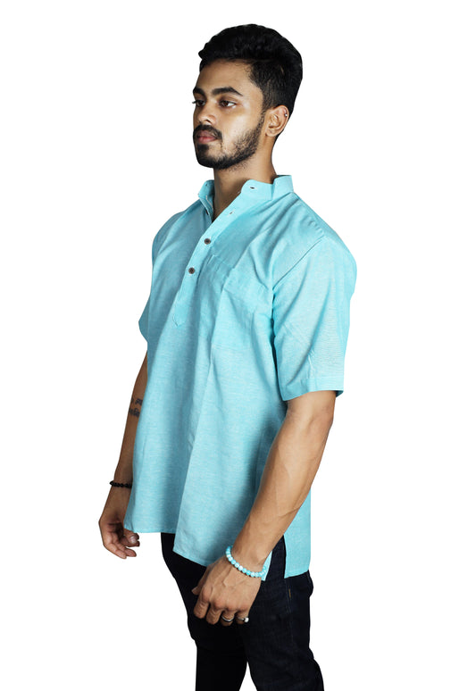 Solid Half Sleeves Short Kurta-Light Blue
