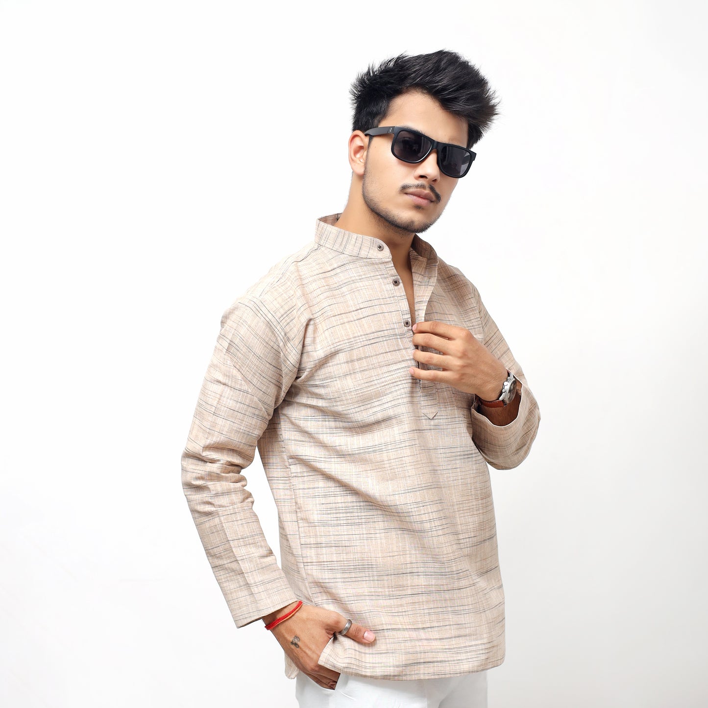 Light Jharna Full Sleeves Short Kurta-Beige