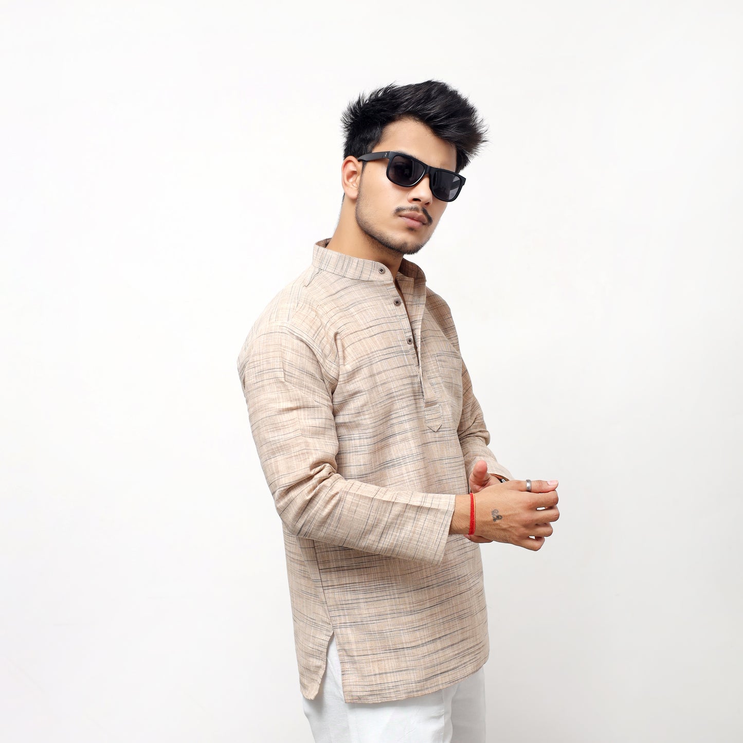 Light Jharna Full Sleeves Short Kurta-Beige