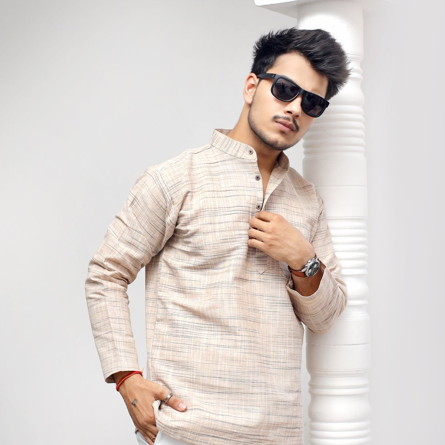 Light Jharna Full Sleeves Short Kurta-Beige