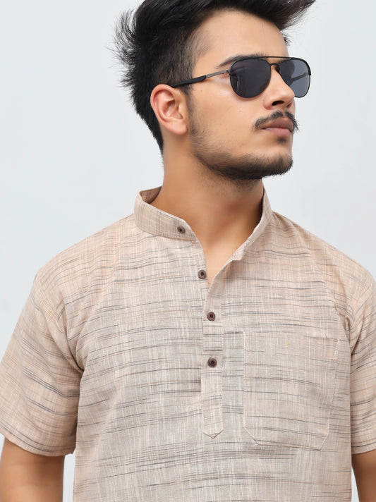 Light Jharna Half Sleeves Short Kurta-Beige