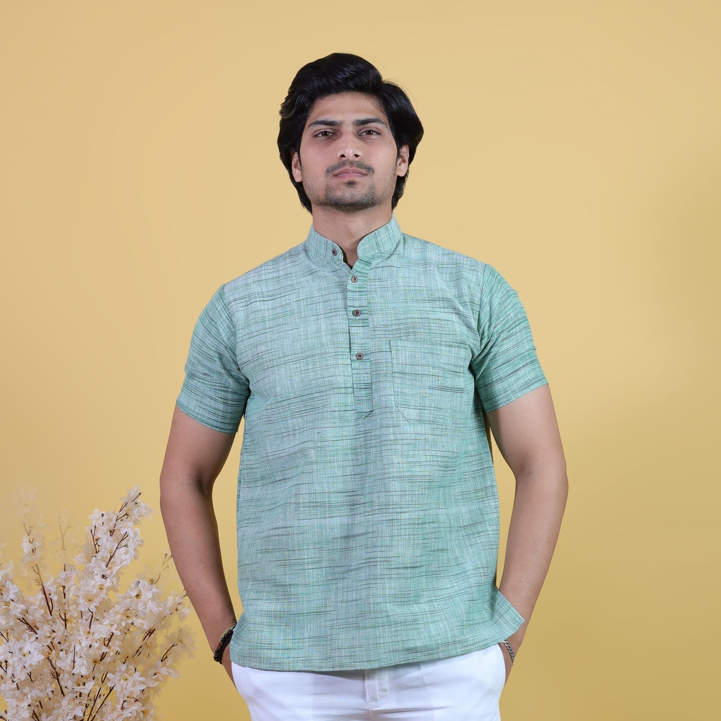 Combo Set Light Jharna Half Sleeves Short Kurta Pant-Green