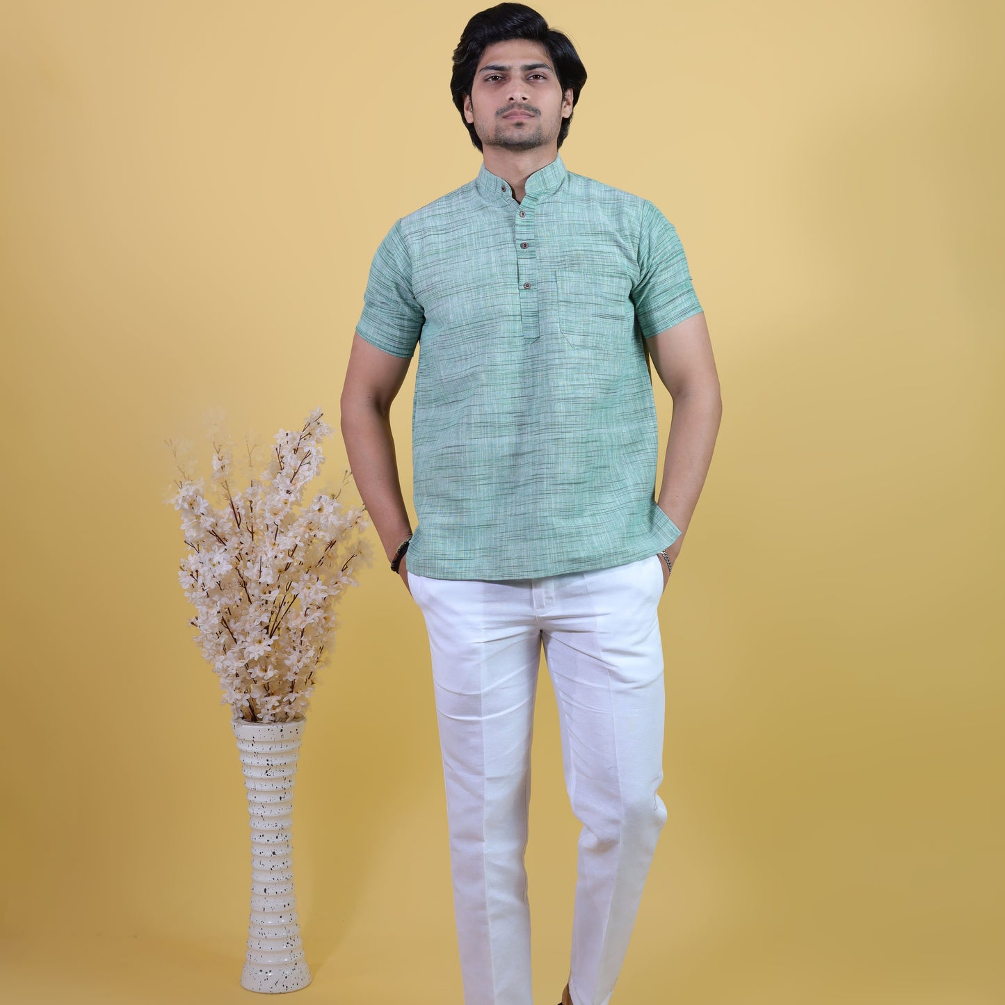Combo Set Light Jharna Half Sleeves Short Kurta Pant-Green