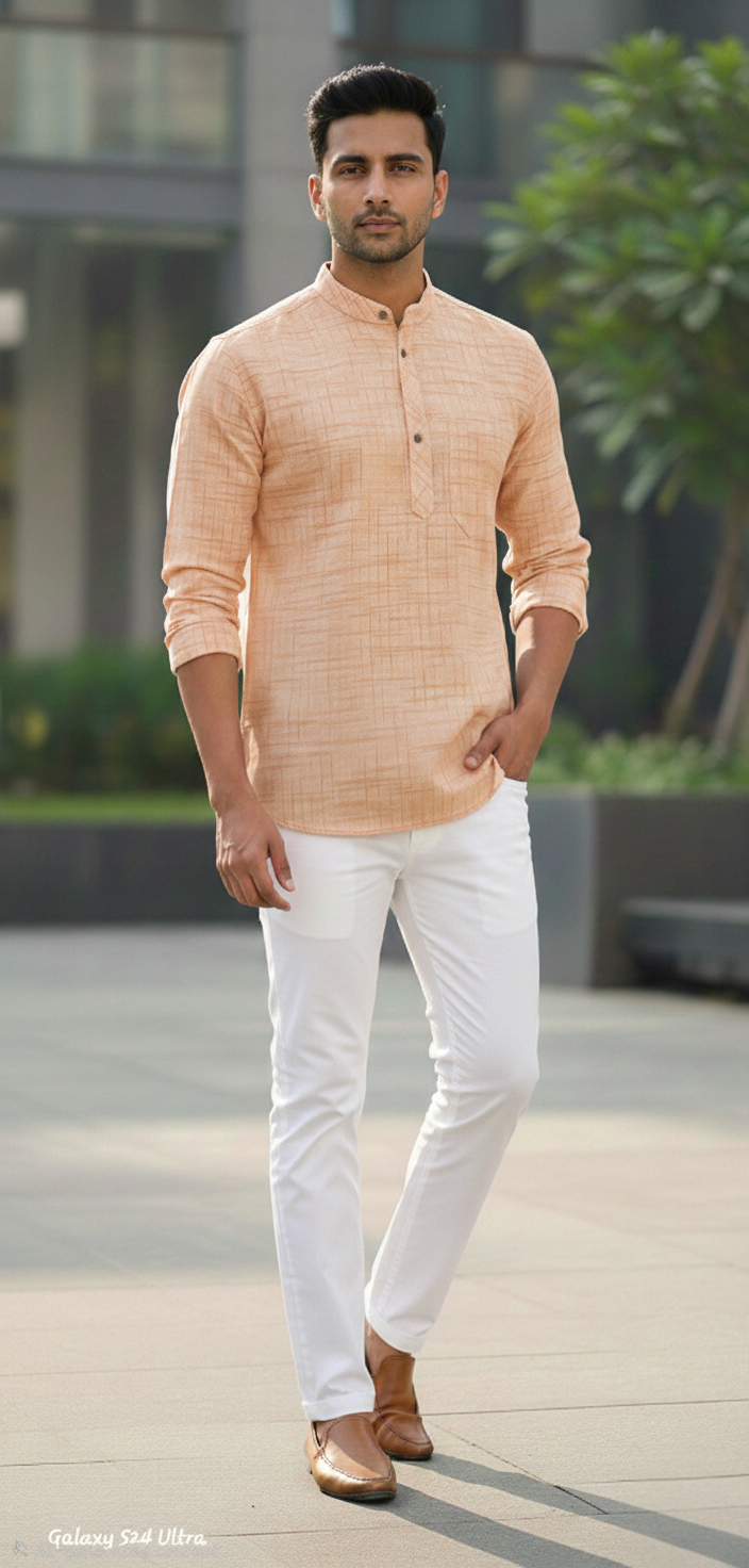 Man wearing a peach kurta with white pants standing outdoors.