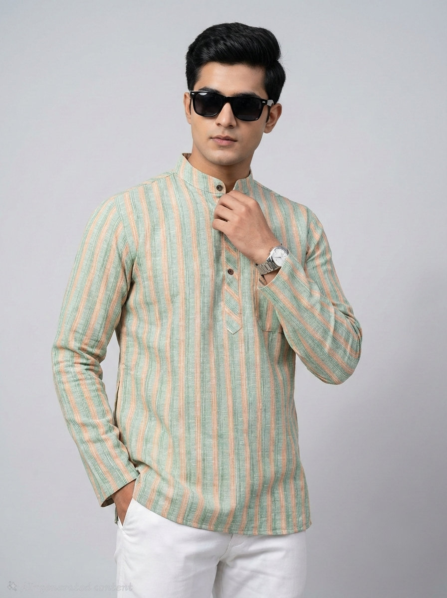Limited edition Full Sleeves Short Kurta- Striped Green
